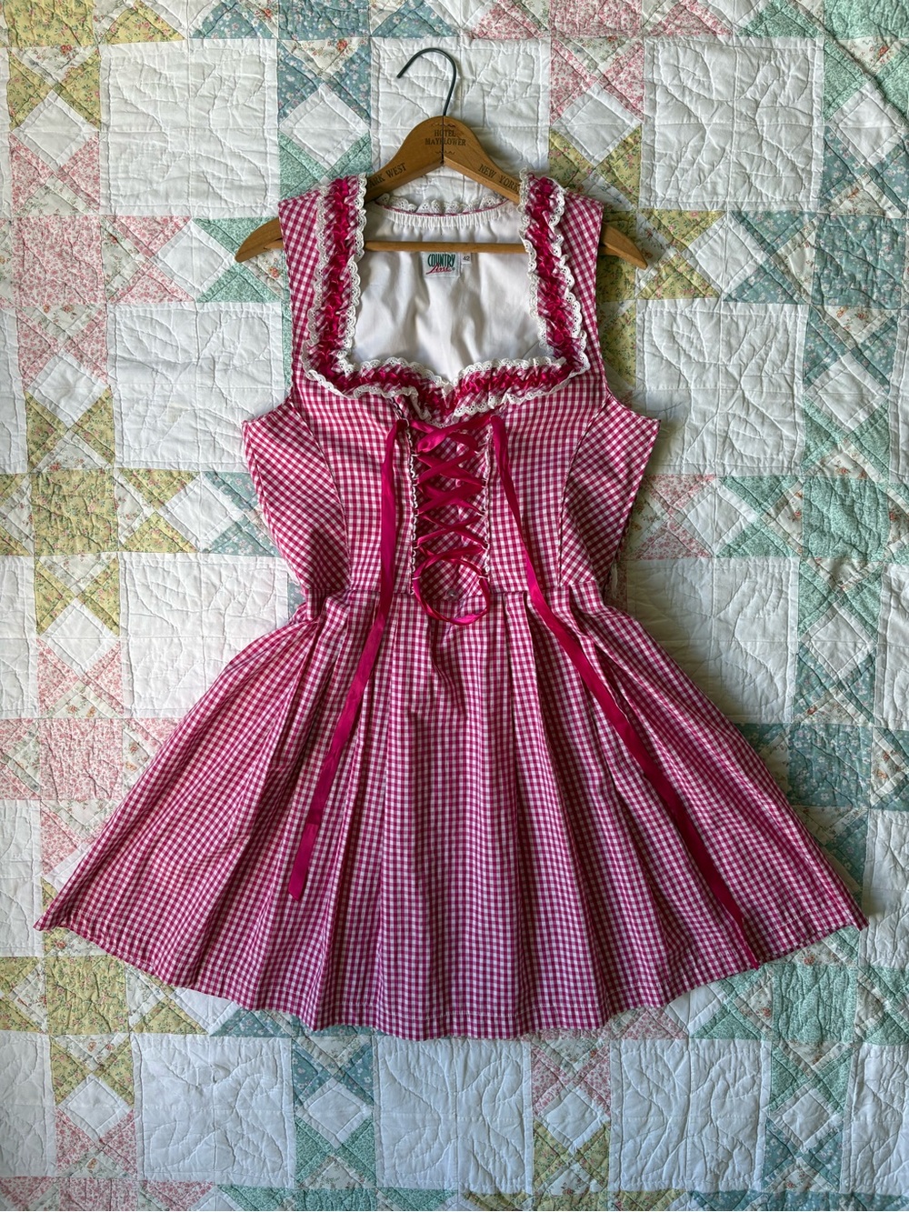 Country Line Pink Gingham Check Dirndl Dress Medium Large Milkmaid Cottagecore
